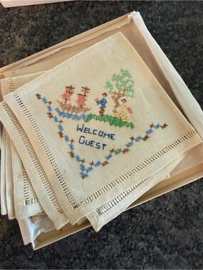 Vintage Paragon linen cross stitch cocktail napkins 6
